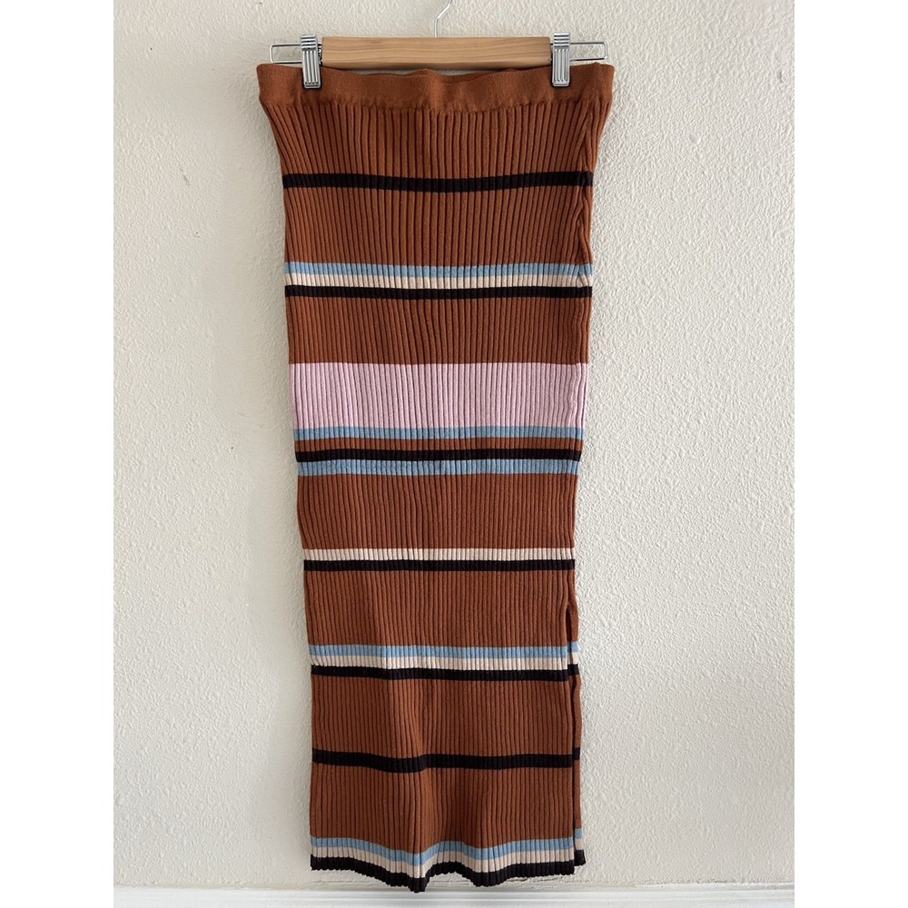 Nine West Size L Striped Ribbed Knit Bodycon Midi Pencil Skirt Boho Chic Cozy